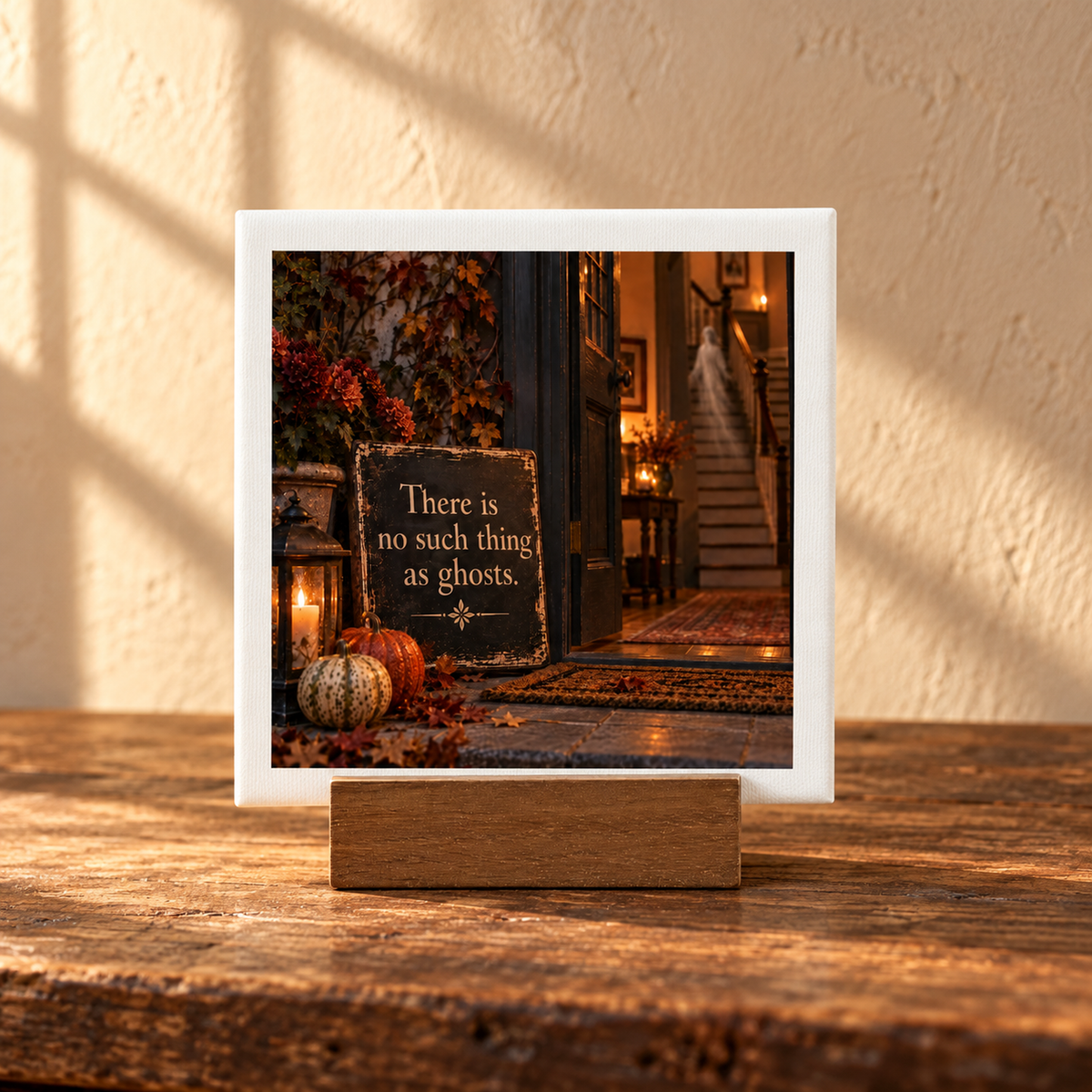 The There Is No Such Thing as Ghosts Mini Canvas Sign by Mirabilia Boutique sits on a wooden table; behind it, autumn doorway décor and a ghost Halloween decoration add festive charm.