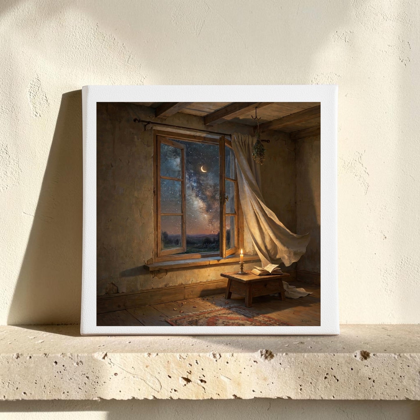 Experience the magic of the cosmos with the “There Is Still Wonder Celestial Canvas Art | 8x8” by Mirabilia Boutique—a stunning painting from the Star & Solstice Collection that depicts a cozy room with an open window, billowing curtains, a wooden table adorned with an open book and a glowing candle, all set against a night sky aglow with a crescent moon and stars.