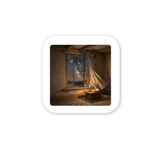 A dimly lit, rustic room with a tattered curtain blowing in the breeze from an open window. Moonlight pours in, casting a gentle glow over a small wooden table and a worn rug—a peaceful scene that captures the enchanting spirit of our There Is Still Wonder Celestial Magnet | Night Sky Art by Mirabilia Boutique.