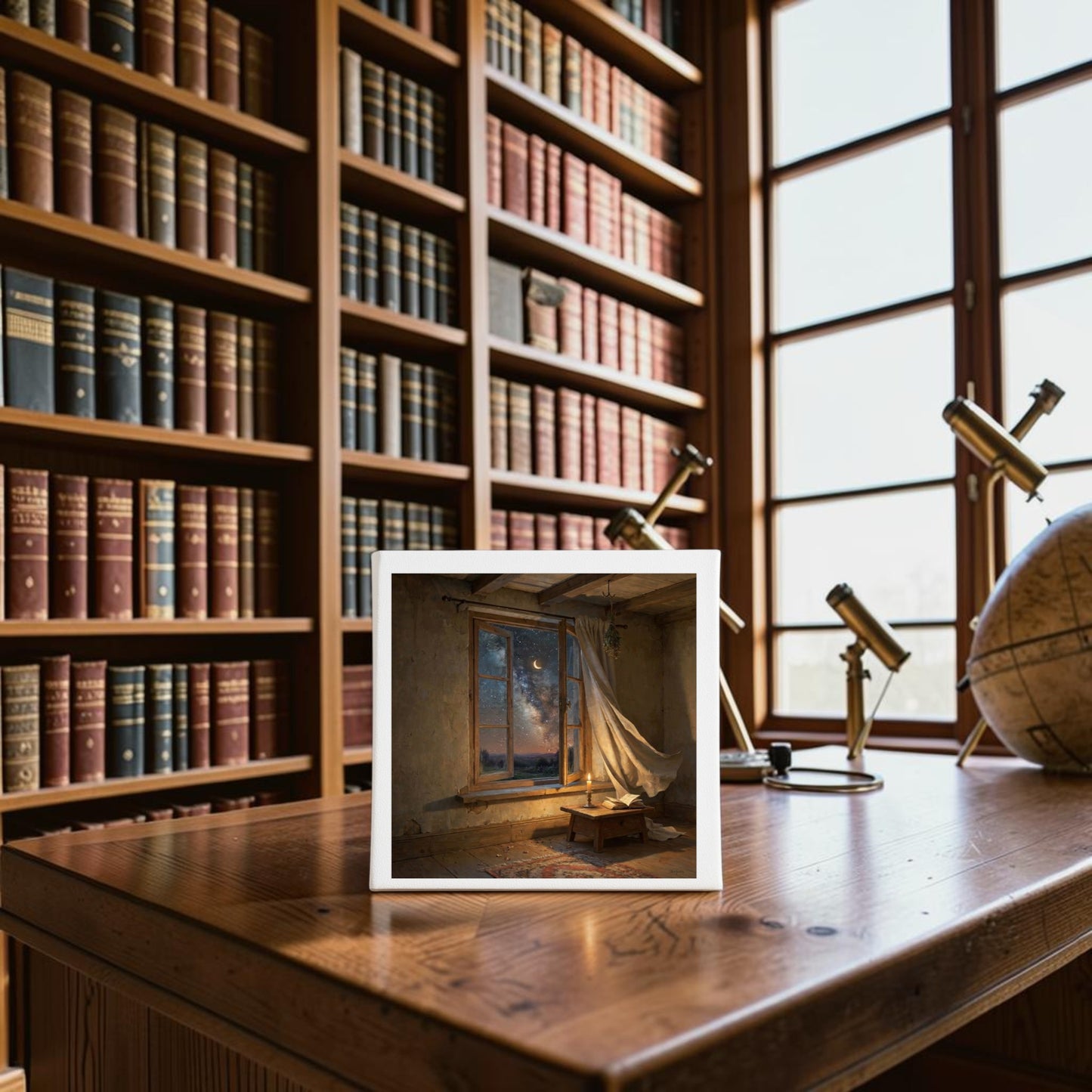 A library with tall bookshelves and a desk displaying a globe, telescope, and a photo of an old room with a tattered curtain blowing near a window is beautifully accented by the “There Is Still Wonder Celestial Canvas Art | 8x8” from Mirabilia Boutique—a celestial piece that brings the wonders of the night sky indoors.