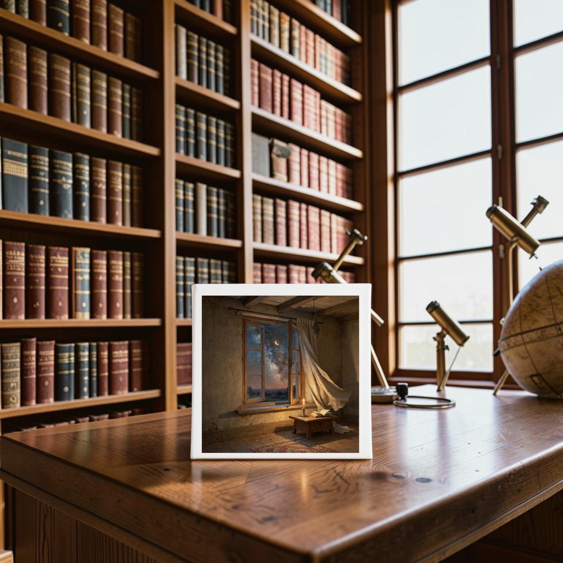 A library with tall bookshelves and a desk displaying a globe, telescope, and a photo of an old room with a tattered curtain blowing near a window is beautifully accented by the “There Is Still Wonder Celestial Canvas Art | 8x8” from Mirabilia Boutique—a celestial piece that brings the wonders of the night sky indoors.