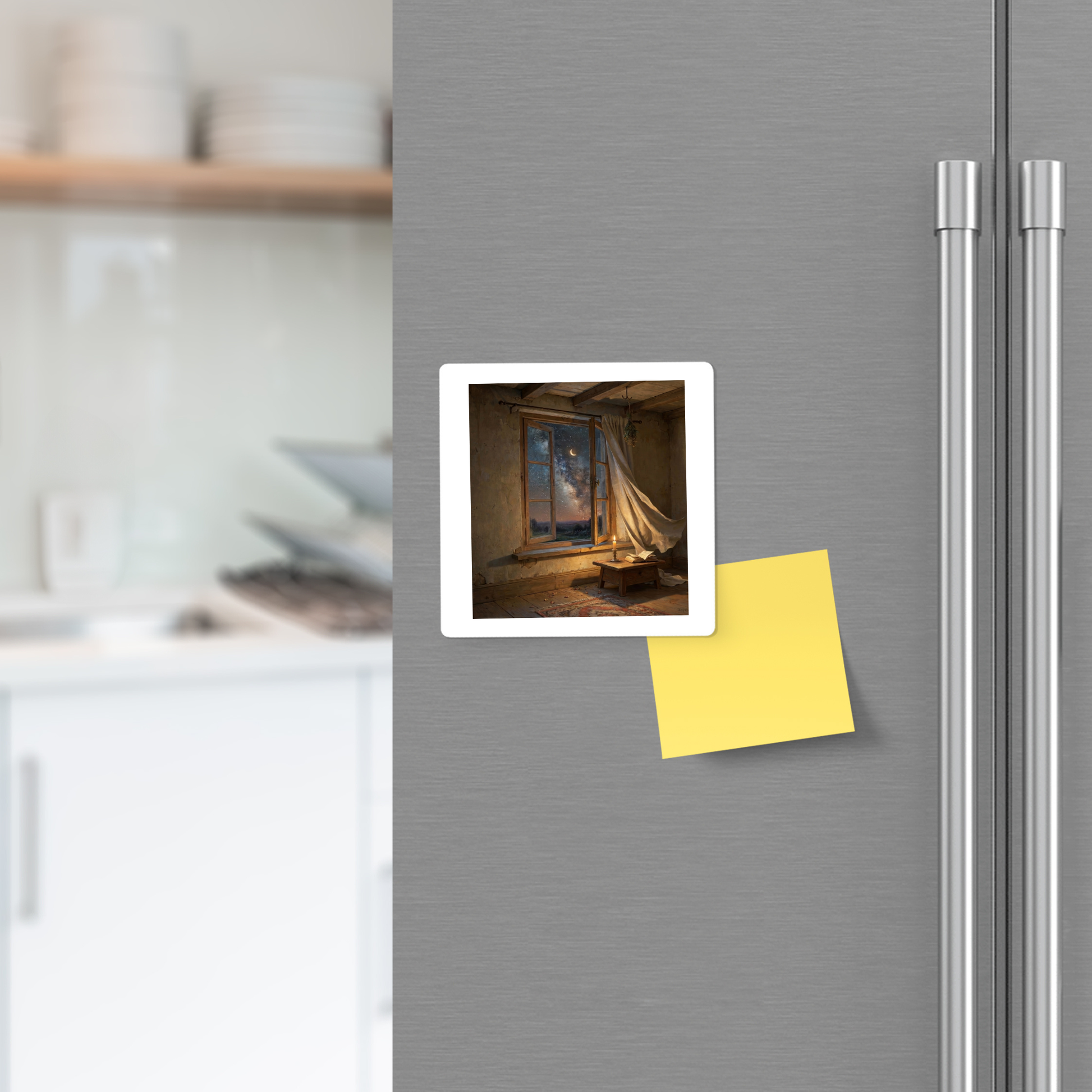 A Mirabilia Boutique refrigerator from the Star & Solstice Collection is showcased in a rustic kitchen scene, featuring their “There Is Still Wonder Celestial Magnet | Night Sky Art” subtly shining on the door, which also has a yellow sticky note attached. In the background, shelves lined with dishes add to the cozy atmosphere.