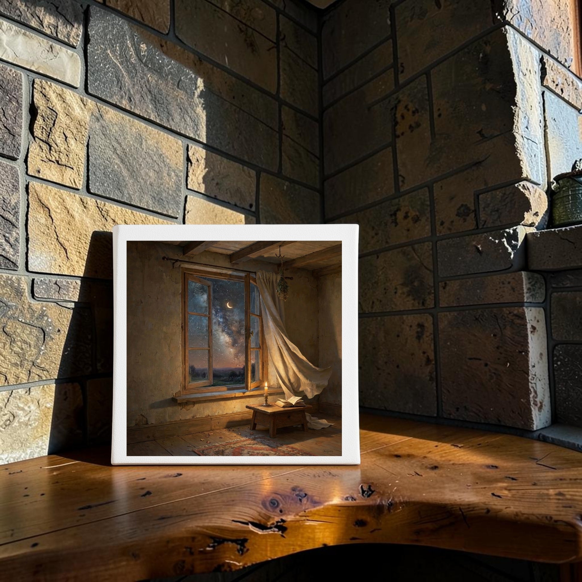 The There Is Still Wonder Celestial Canvas Art (8x8) by Mirabilia Boutique from the Star & Solstice Collection features a rustic window with flowing curtains, displayed on a wooden surface and leaning against a stone wall, as sunlight casts gentle shadows throughout the peaceful scene.