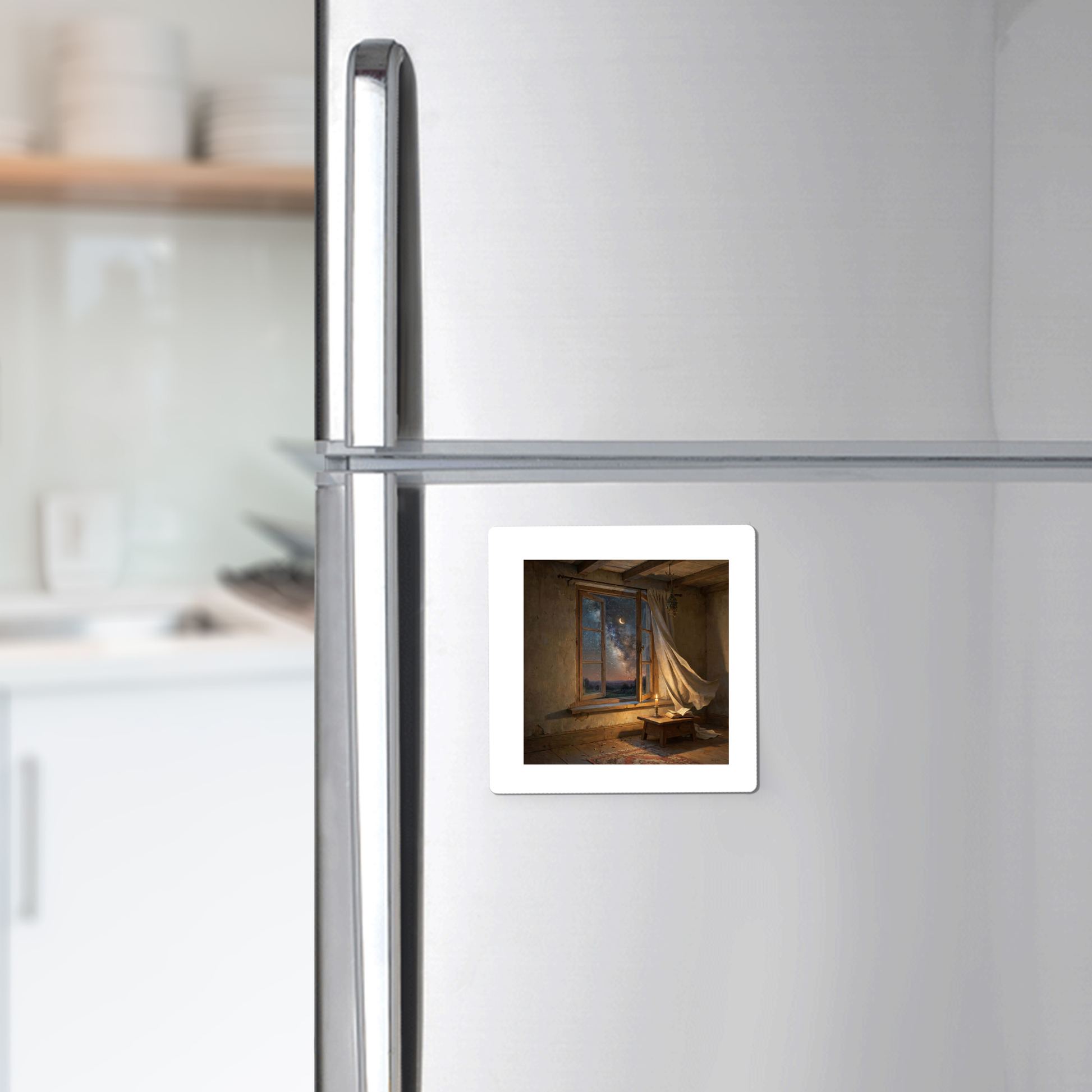 The “There Is Still Wonder Celestial Magnet | Night Sky Art” by Mirabilia Boutique features an image of an empty, rustic room with torn curtains and is displayed on a silver refrigerator in a modern kitchen. Part of the Star & Solstice Collection, this celestial magnet infuses contemporary spaces with mystery and charm.