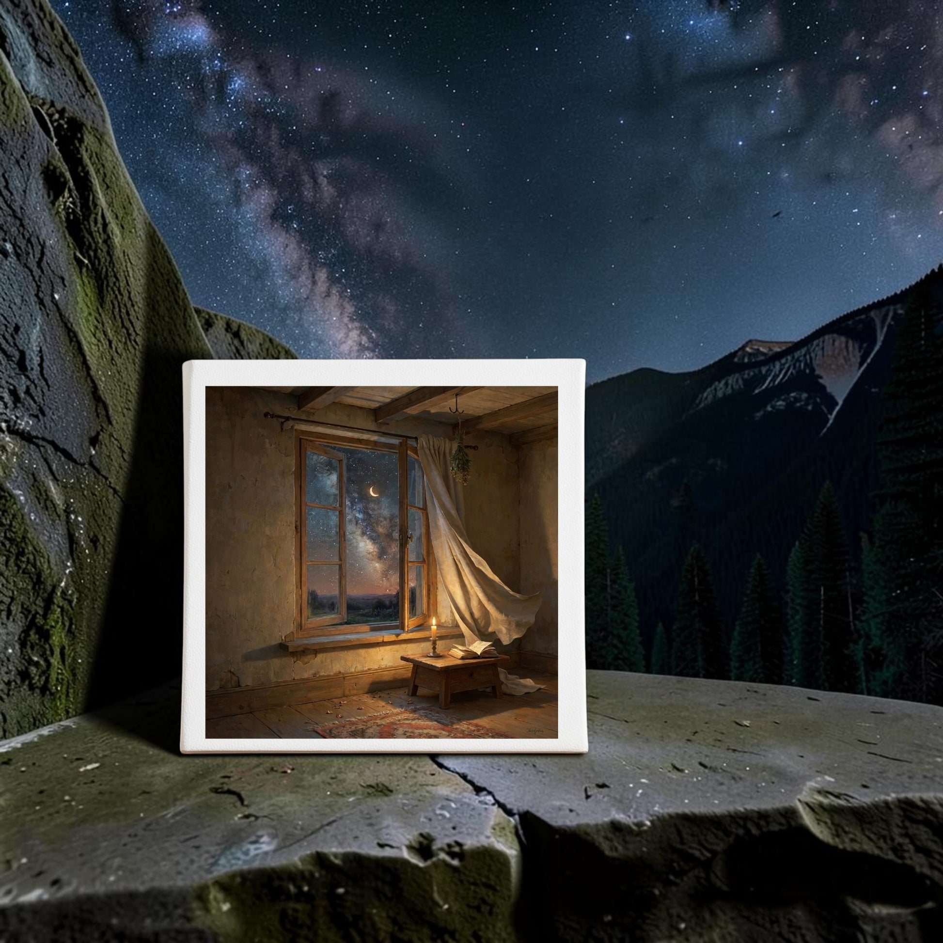 A framed photo of a breezy, candle-lit room at night sits on a stone ledge outdoors, against a backdrop of starry skies, rocky cliffs, and pine trees—a scene reminiscent of the “There Is Still Wonder Celestial Canvas Art | 8x8” by Mirabilia Boutique.