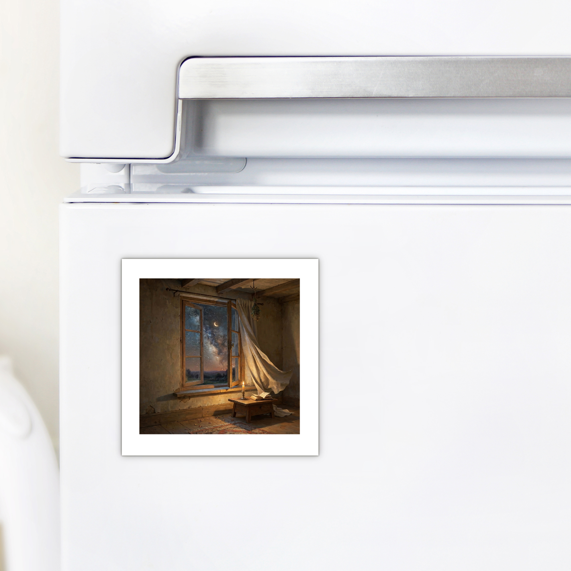 A There Is Still Wonder Celestial Magnet from Mirabilia Boutique’s Star & Solstice Collection is displayed on a white fridge, featuring night sky art of an abandoned room with a tattered curtain blowing through a broken window and sunlight streaming in.