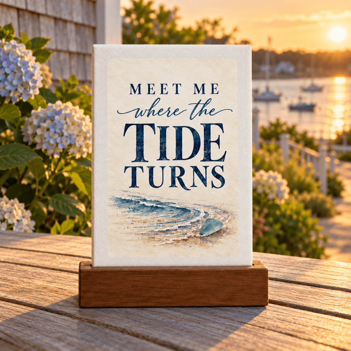 A Meet Me Where the Tide Turns Mini Sign on a wooden stand with a watercolor shoreline illustration and the text, “Meet me where the TIDE TURNS.”