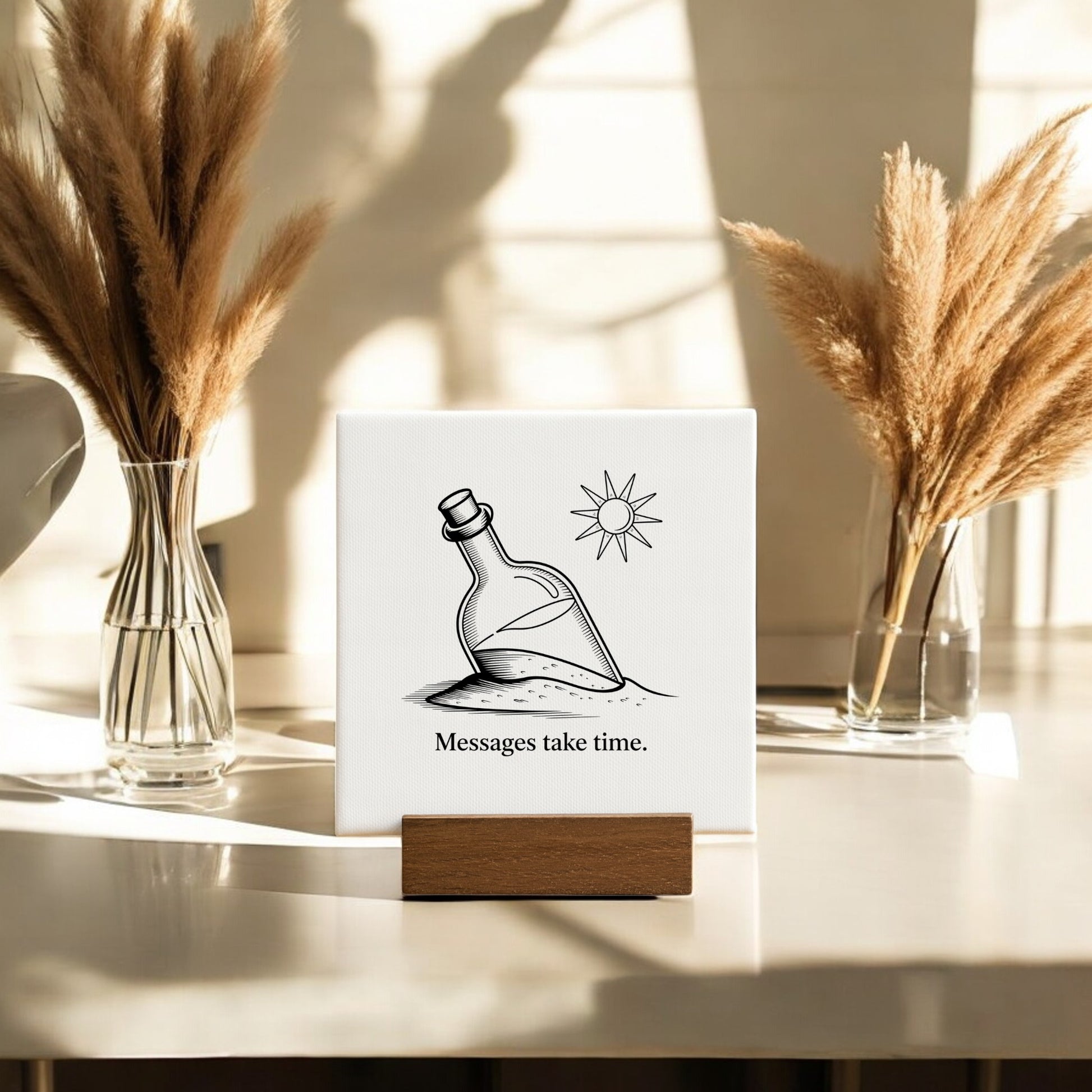 The Messages Take Time Mini Canvas – Desk Art with Wood Stand by Mirabilia Boutique shows a message in a bottle on sand under the sun, with “Messages take time.” Vases of pampas grass complete this inspiring desk decor.