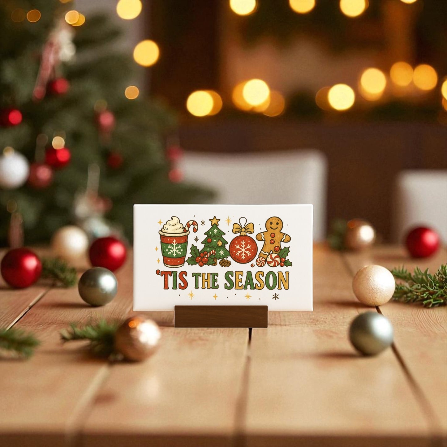 The 'Tis the Season Mini Canvas (6x4) by Mirabilia Boutique sits on its base, surrounded by holiday decor—Christmas ornaments, pine sprigs, and a lit tree—making it perfect for festive decorating or gifting.