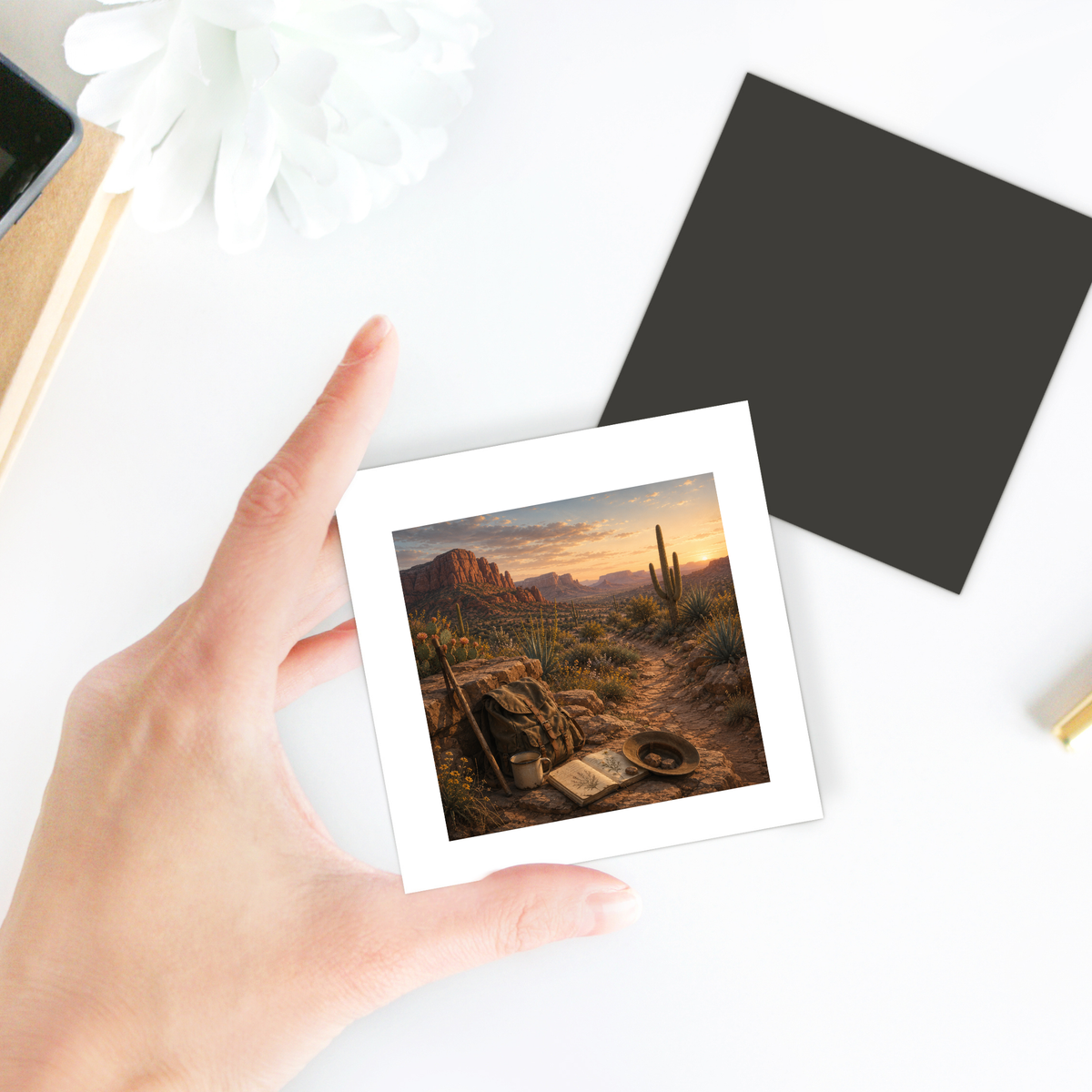 A hand holds the A Place to Rest Desert Magnet | Sage & Stone by Mirabilia Boutique, featuring a sunset with cacti, rocks, an open book, and a hat—perfect as a decorative accent. Nearby are a black square and white flower.
