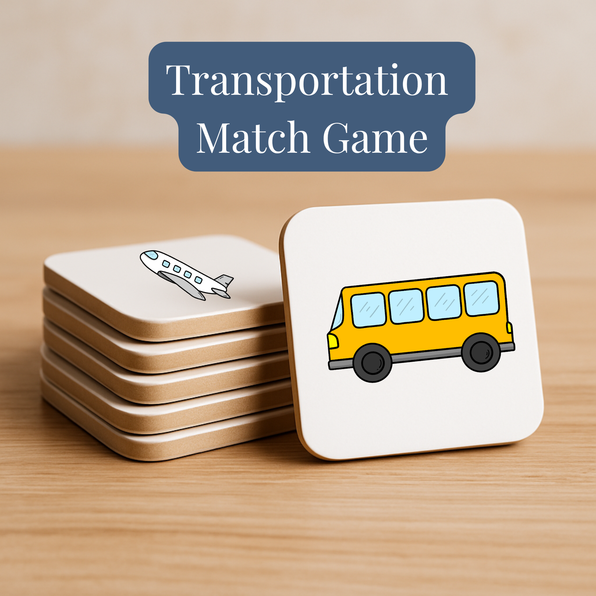A stack of square cards featuring colorful vehicles rests on a wooden surface. The top card displays a yellow bus, the next an airplane. Above, "Transportation Match Game | Kids Memory Game | 15 Pairs by Mirabilia Boutique" is written.