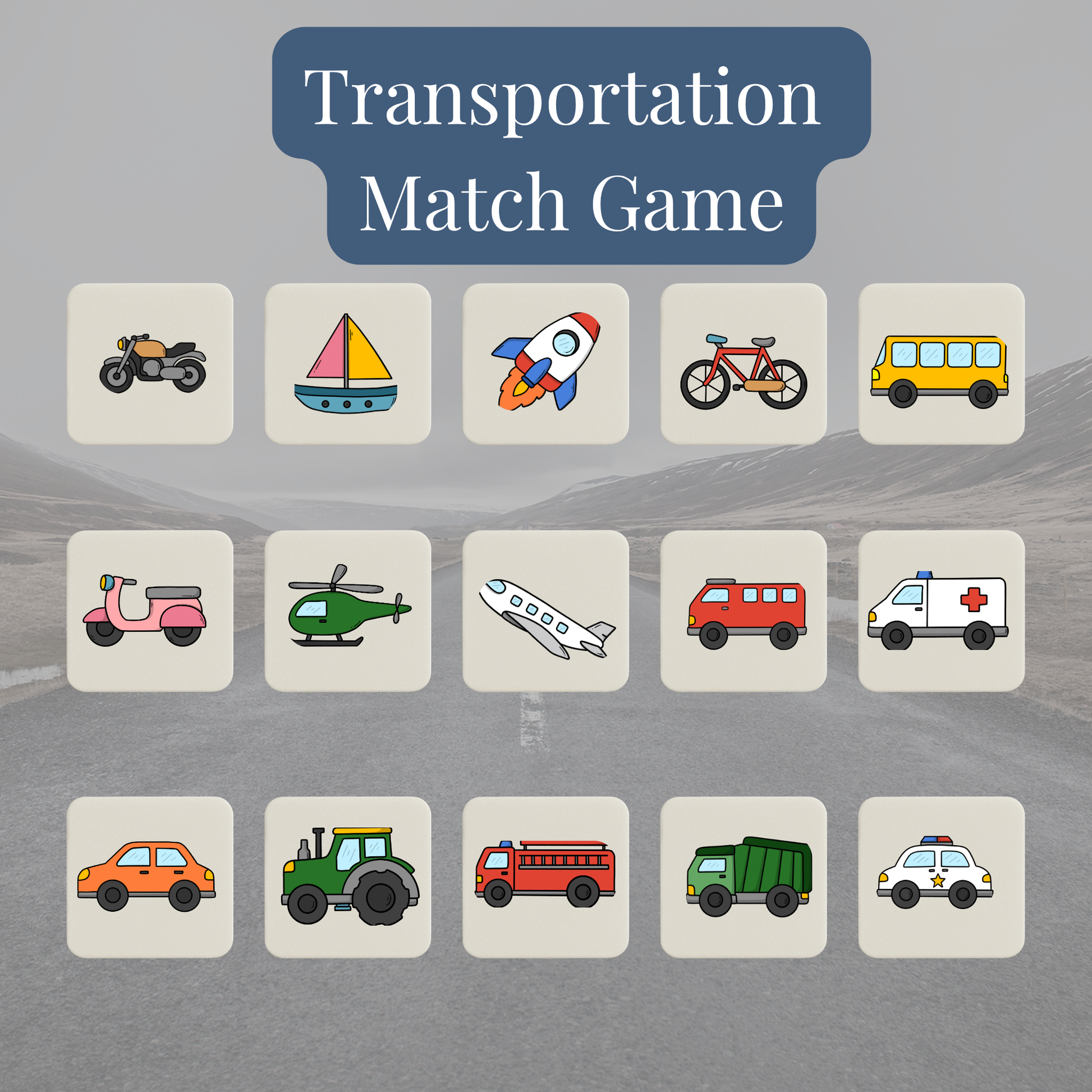 Below the title "Transportation Match Game | Kids Memory Game | 15 Pairs" by Mirabilia Boutique, illustrated vehicles like a motorcycle, sailboat, and rocket create a fun memory game for kids to match pairs and learn vehicle names.