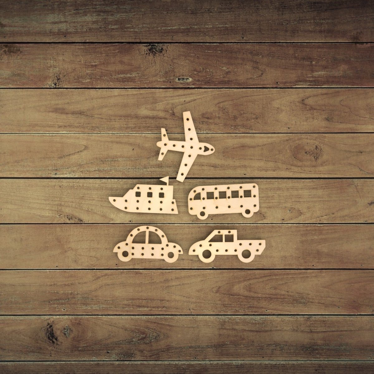 The Mirabilia Boutique Transportation Vehicle Lacing Trays for Kids feature plane, boat, bus, car, and truck cutouts with circular holes to boost fine motor skills and encourage preschool learning, displayed on a wooden plank background.