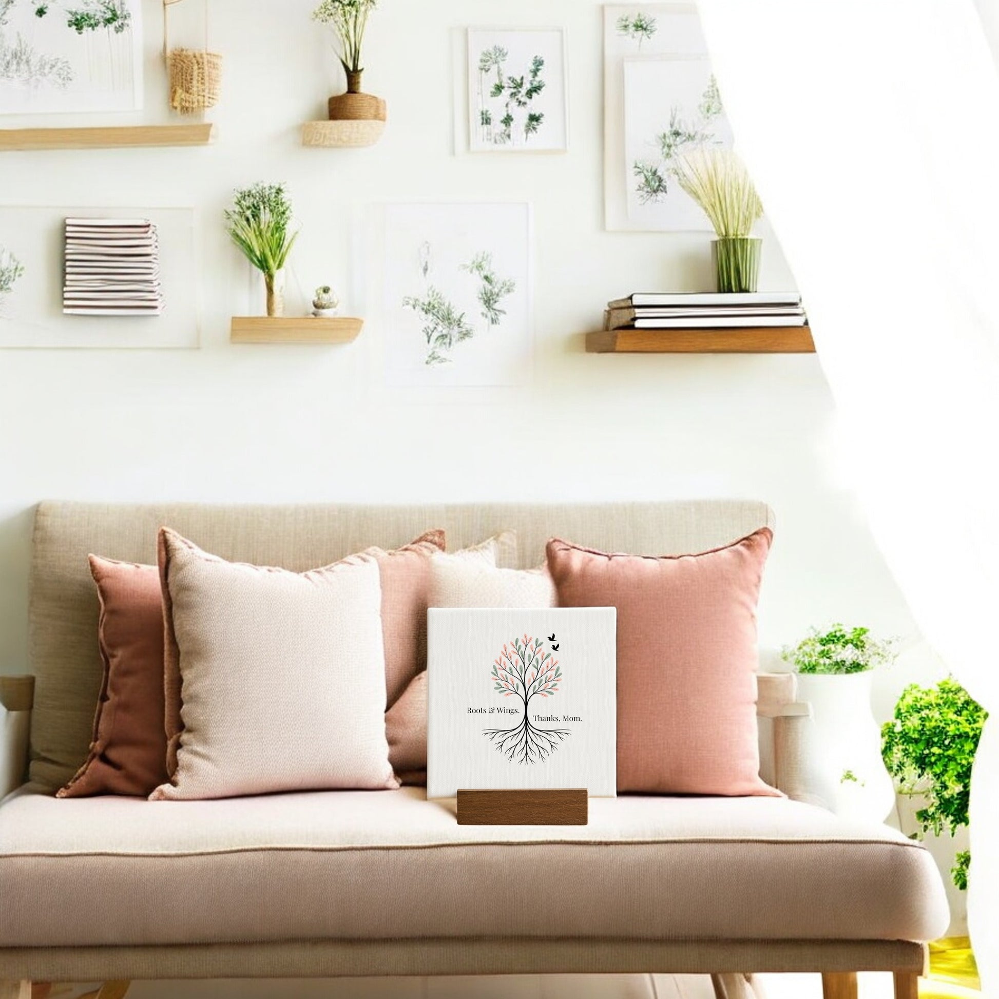 A cozy living room features a beige sofa with pink and beige cushions, botanical wall art, and sunlight through white curtains. On the sofa rests Mirabilia Boutique’s Roots & Wings Mini Sign – Mother's Day Tree Canvas, a perfect gift.