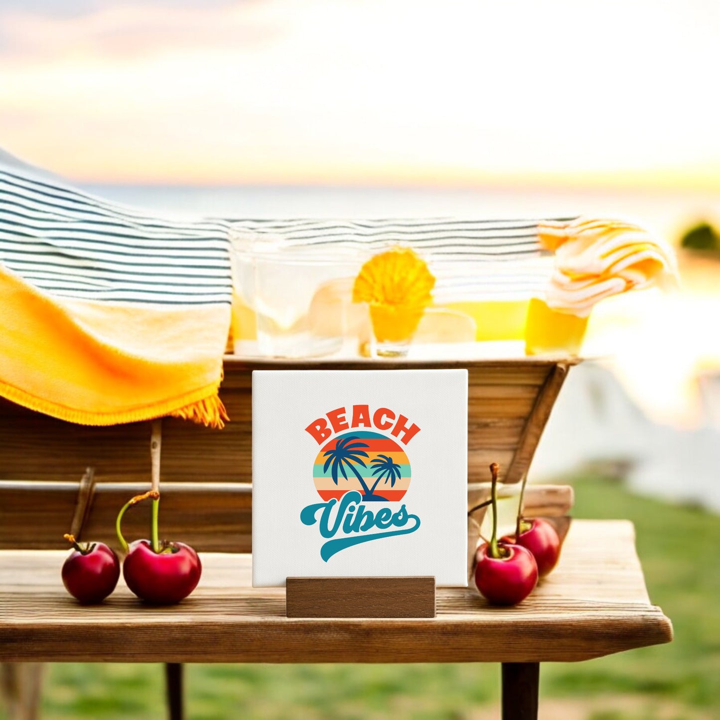 A table featuring fruit and the Mirabilia Boutique Beach Vibes Sunset Canvas – Bold Tropical Mini Sign, adding retro sunset decor for a warm, nostalgic feel.