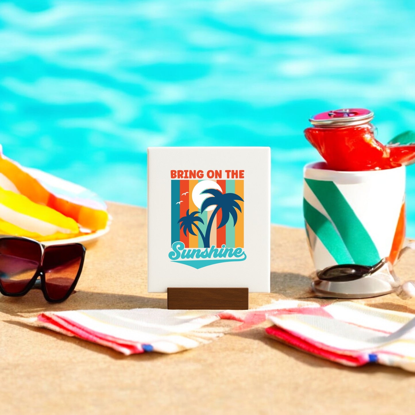 The Bring on the Sunshine Canvas – Retro Palm Tree Art by Mirabilia Boutique features vibrant palms and sunny lettering, making it a perfect coastal accent for your space, whether displayed poolside or among beachy decor.