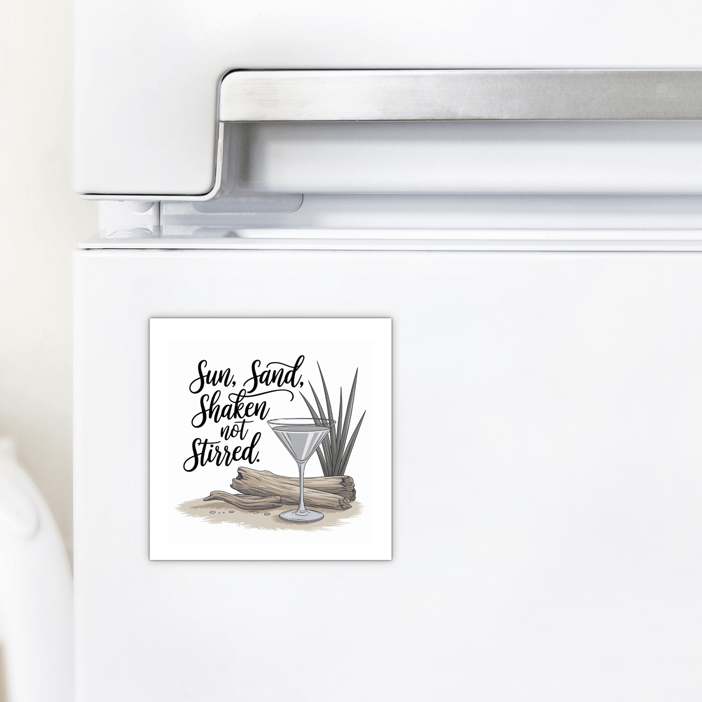 The Sun, Sand, Shaken Not Stirred Magnet by Mirabilia Boutique is perfect coastal kitchen decor or a fun cocktail lover gift, featuring beachy vibes in a charming design.