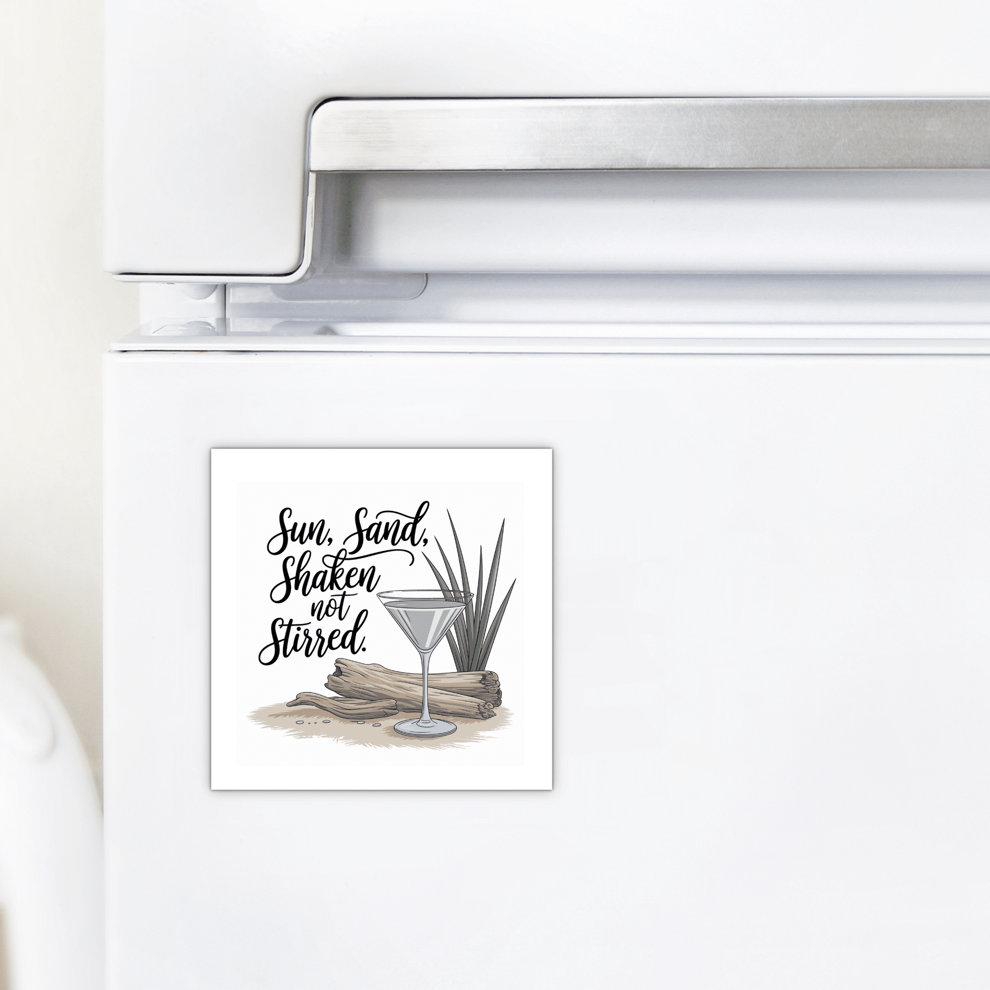 The Sun, Sand, Shaken Not Stirred Magnet by Mirabilia Boutique is perfect coastal kitchen decor or a fun cocktail lover gift, featuring beachy vibes in a charming design.