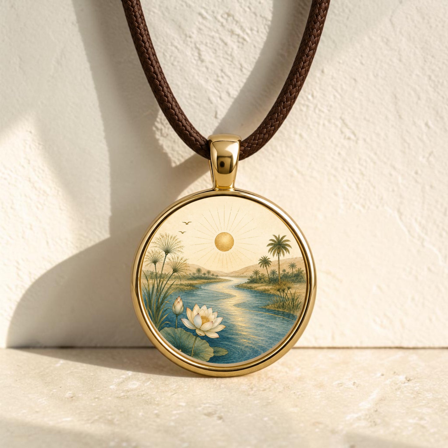 Trust the Journey | Story Pendant Necklace by Mirabilia Boutique—this gold pendant necklace features a round charm adorned with a painted river scene: delicate lotus flowers, graceful palm trees, distant hills, and a radiant sun. Wearable art inspired by ancient rivers, this stunning piece of Nile landscape jewelry rests against a light textured surface on its brown cord, beautifully capturing the spirit of the journey.