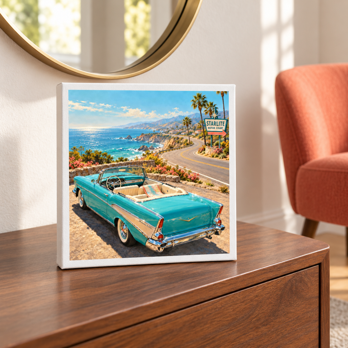 The Road Opens Canvas | Chrome & Starlight, a square canvas print on a wooden surface depicting a turquoise convertible vintage car parked on a coastal road near a Starlite Motor Court sign.