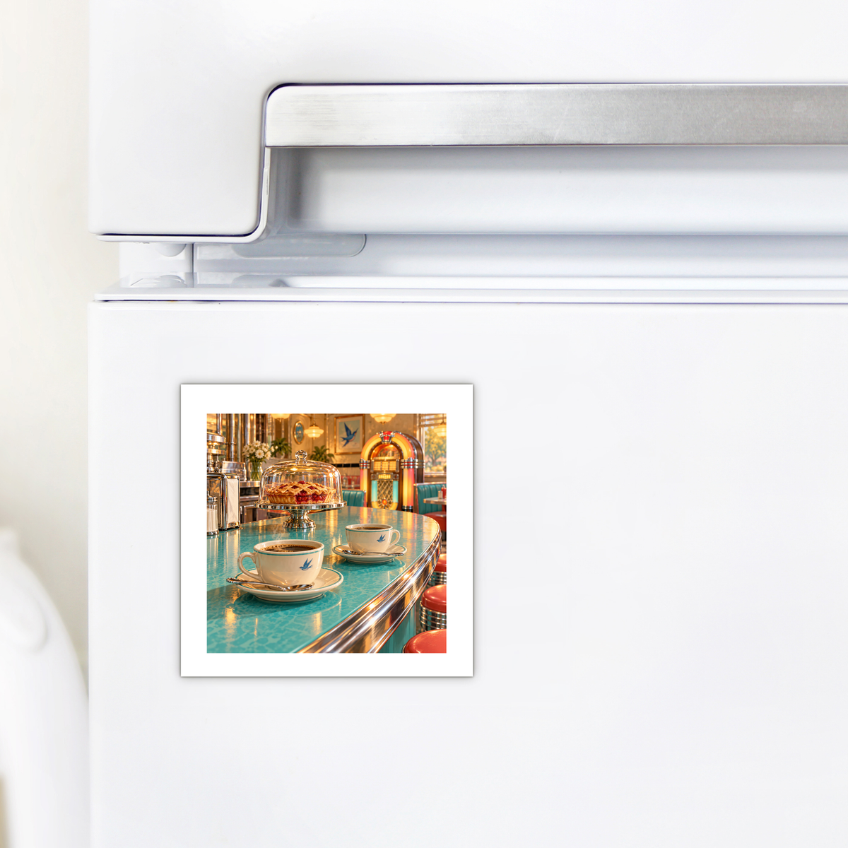 Meet Me at the Bluebird Magnet featuring a square diner scene on a white refrigerator with two coffee cups on a turquoise counter, a pie dome, and a jukebox in the background.