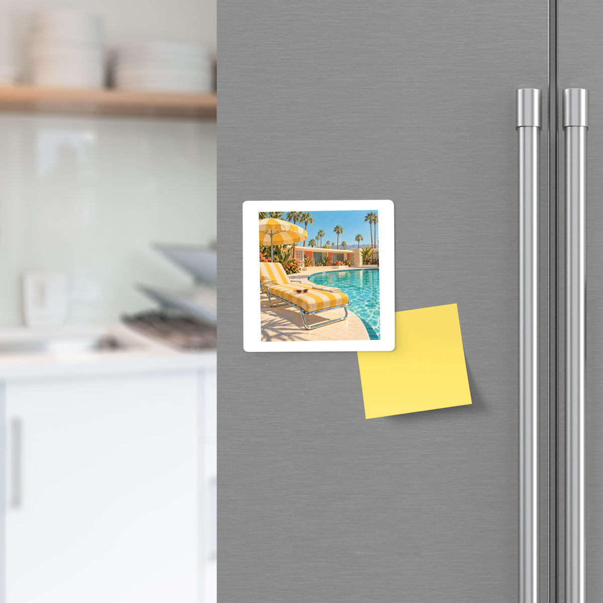 A blank yellow sticky note sits next to the Afternoon at the Pool Magnet | Chrome & Starlight by Mirabilia Boutique on a fridge door; lounge chairs and a yellow umbrella evoke sunlit, mid-century poolside vibes.