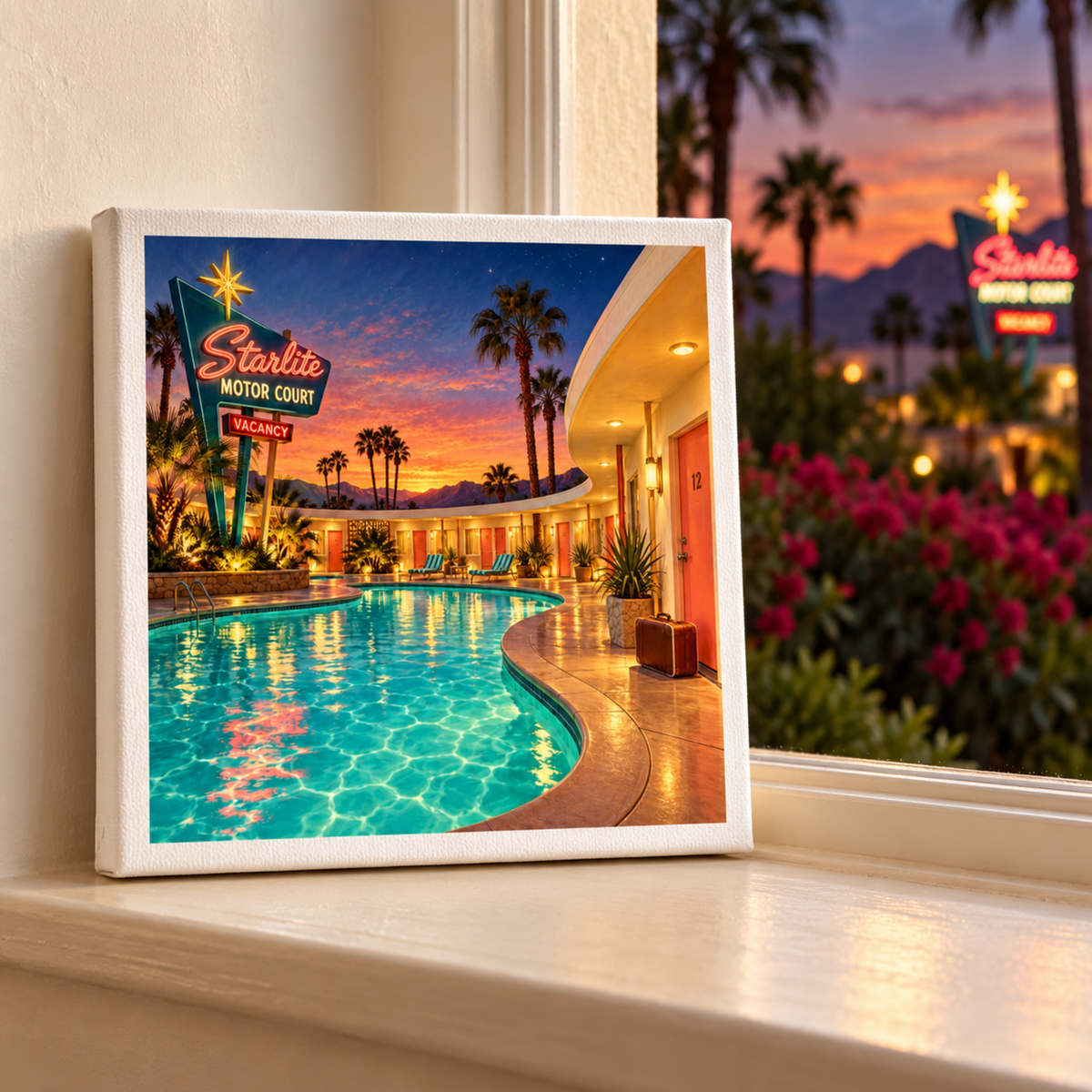 The Arrival at the Starlite Canvas | Chrome & Starlight by Mirabilia Boutique features a retro motel pool scene at sunset, with neon signs, palm trees, and blooming bushes visible through the window.