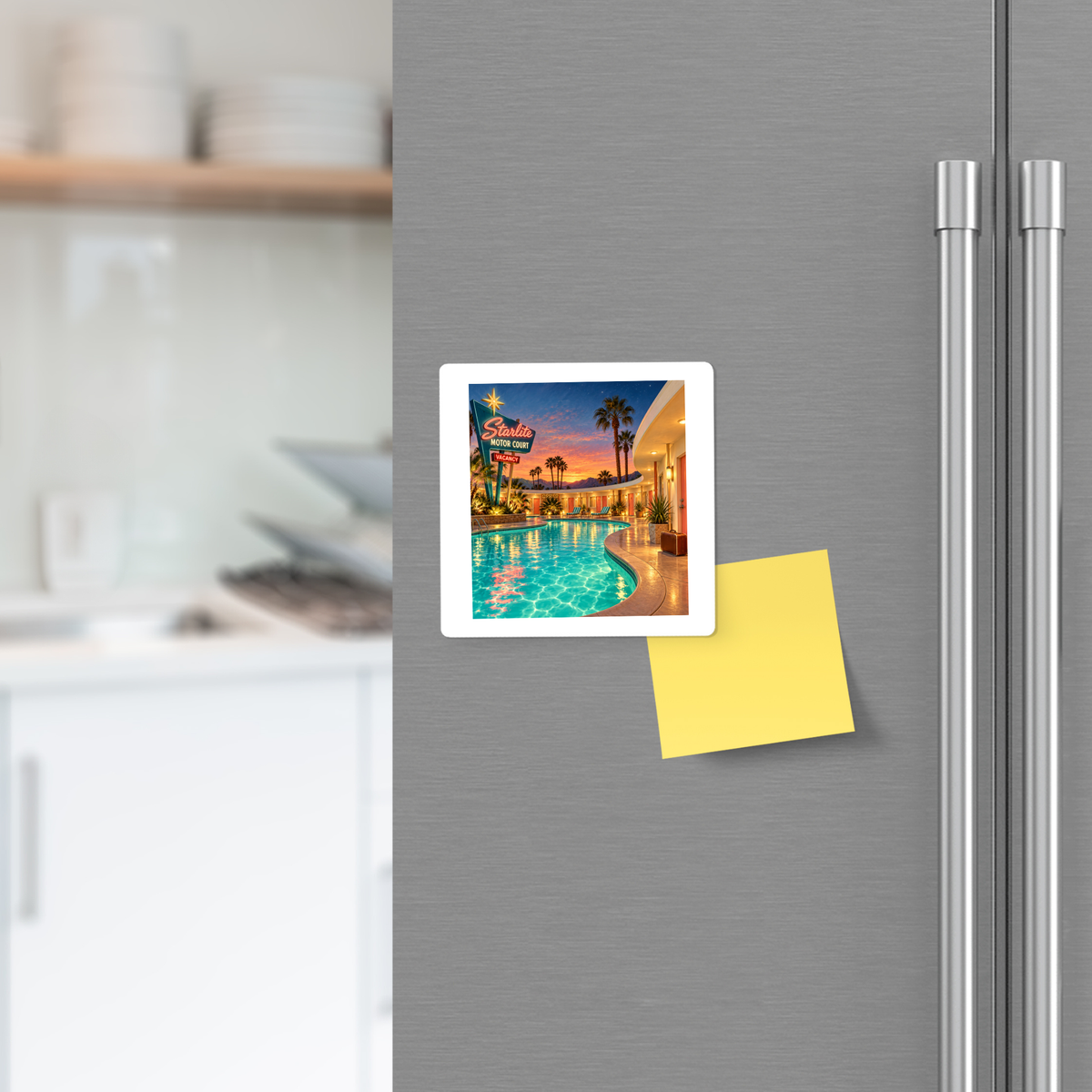 A postcard of a pool scene and a yellow sticky note are held on a stainless steel fridge by the Arrival at the Starlite Magnet | Chrome & Starlight from Mirabilia Boutique in a modern kitchen.