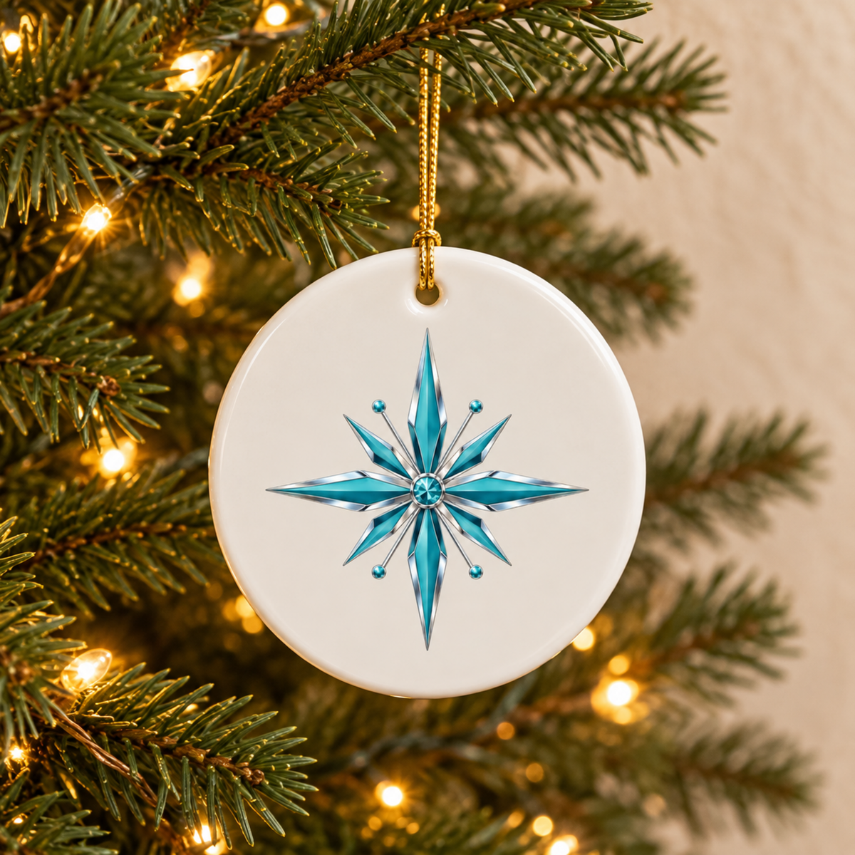 Round white ceramic Starlite Starburst Ceramic Ornament featuring a turquoise starburst design hanging on a Christmas tree.