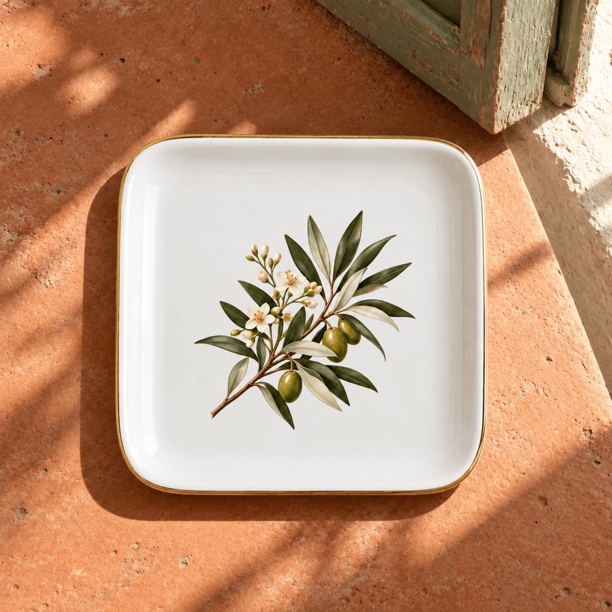 Olive and Blossom Jewelry Tray by Mirabilia Boutique: a square white ceramic tray with a gold rim, featuring a painted illustration of botanical olive leaves and white blossoms in the center.