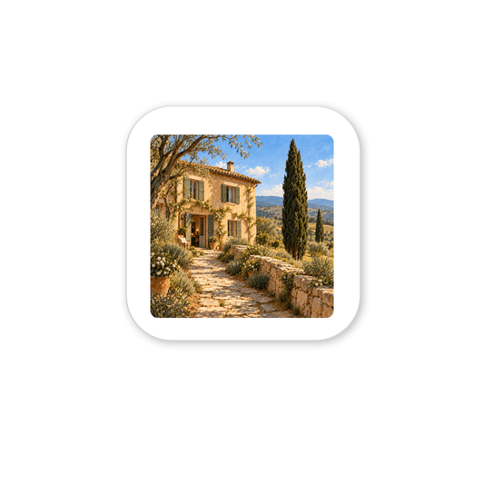 The Path Home Tuscan Art Magnet | Ochre & Cypress is a square magnet featuring decorative art of a stone villa in Tuscany, complete with a cobblestone path, cypress trees, and flowering shrubs.