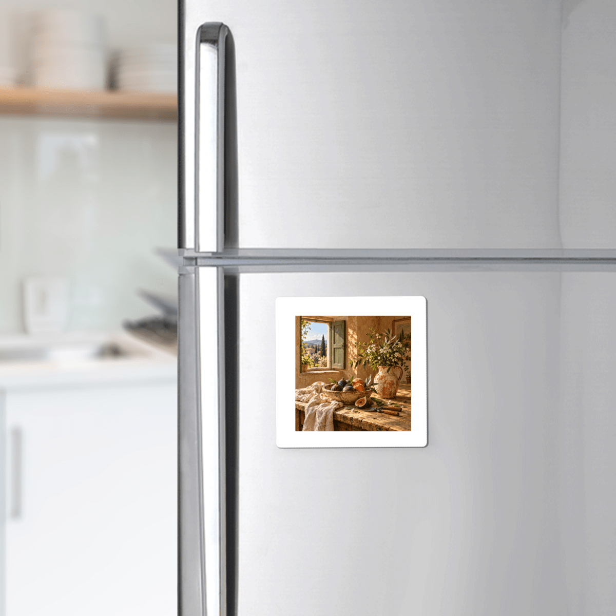 A square What the Garden Brought Art Magnet | Ochre & Cypress on a refrigerator depicting a Tuscan still life of fruit and a pitcher on a rustic table by an open window.