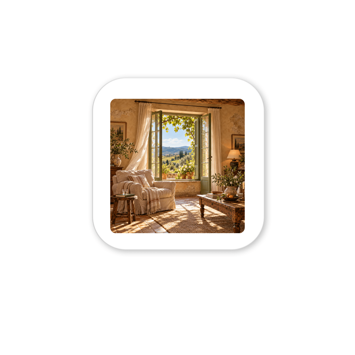 The Windows Are Open Art Magnet | Ochre & Cypress is a square decorative art magnet showing a cozy sunlit room with an open window overlooking a rolling Tuscan landscape.