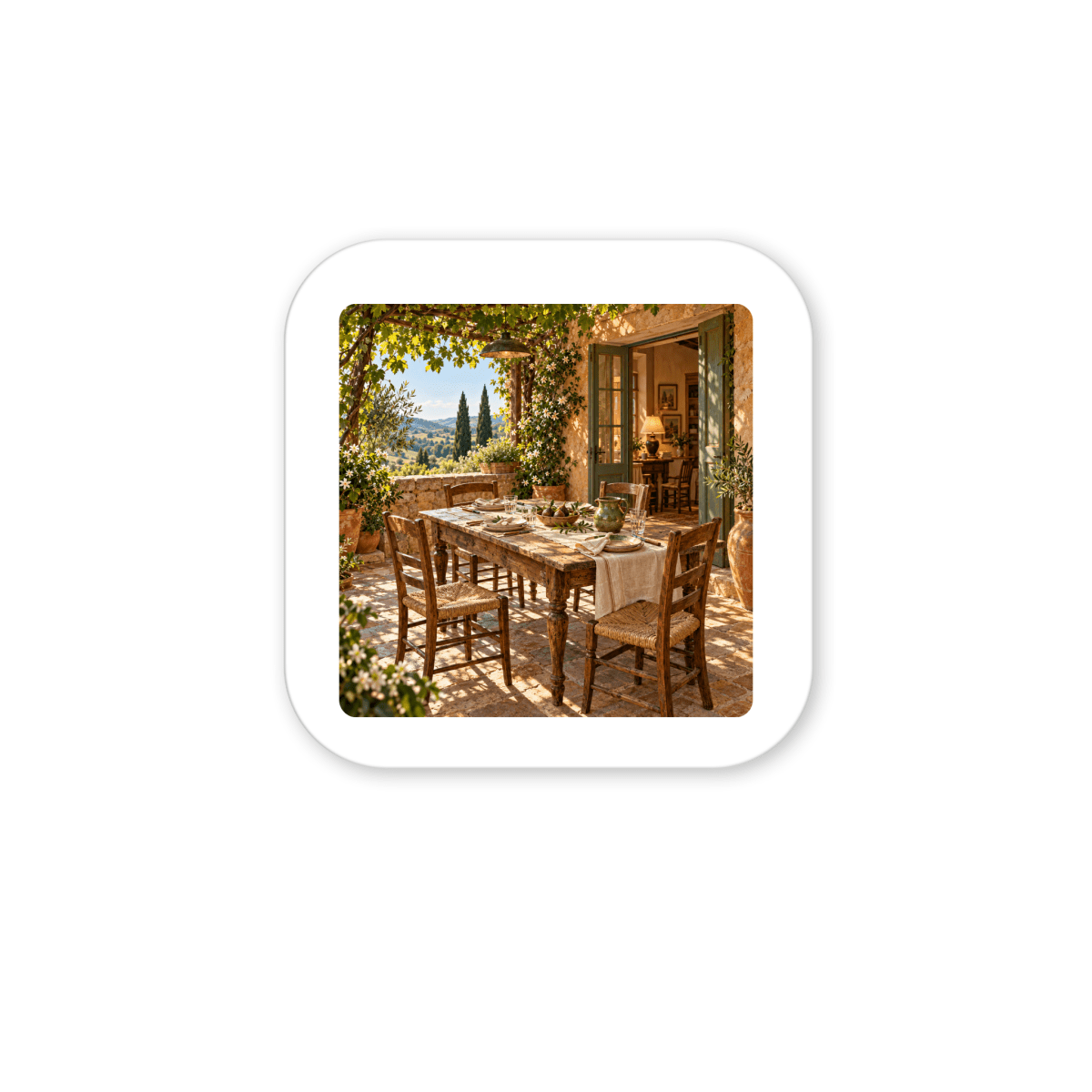 One More Place Tuscan Art Magnet | Ochre & Cypress square decorative magnet featuring a photo of a table set for a meal on a stone patio overlooking a Tuscan landscape.