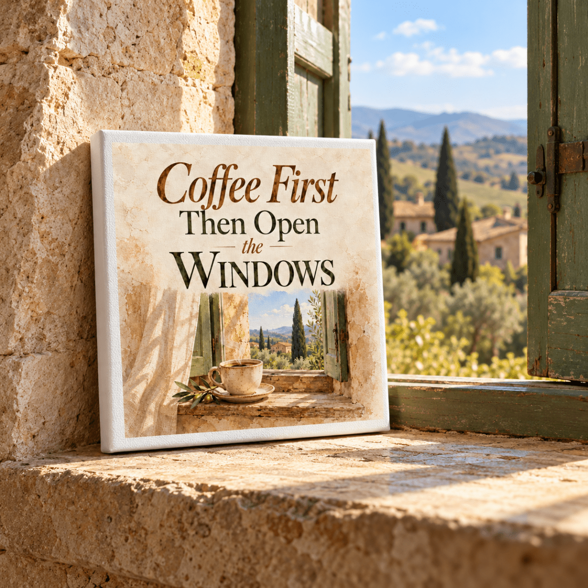 Square Coffee First Coffee Bar Sign by Mirabilia Boutique featuring the words “Coffee First Then Open the WINDOWS” above a cup of coffee on a stone windowsill overlooking a rural landscape.