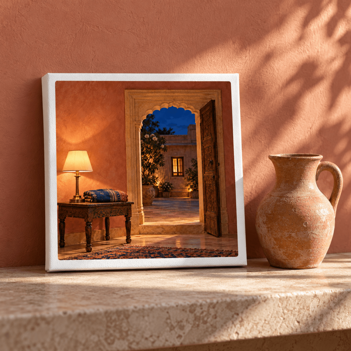 The Light Still On Canvas | Sand & Saffron gallery-wrapped canvas print of an open stone doorway looking out onto an evening courtyard, displayed on a mantel next to a terracotta pitcher.