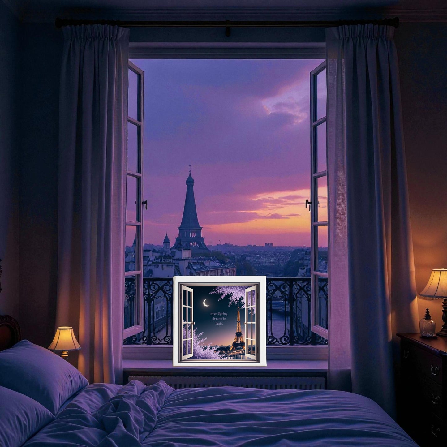 A cozy bedroom at dusk features a glowing lamp and an 8x8 "Spring Dreams in Paris Canvas – Moonlit Eiffel Tower Art" by Mirabilia Boutique on the window ledge. White curtains frame an open window with the Eiffel Tower against a purple sky.
