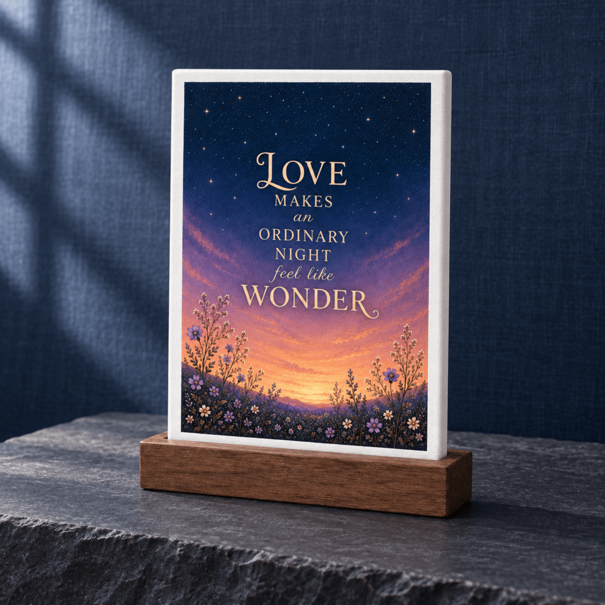 Love Makes Wonder Romantic Mini Sign featuring a rectangular design on a wooden base with a sunset and wildflower meadow illustration and the text, “Love makes an ordinary night feel like wonder.”