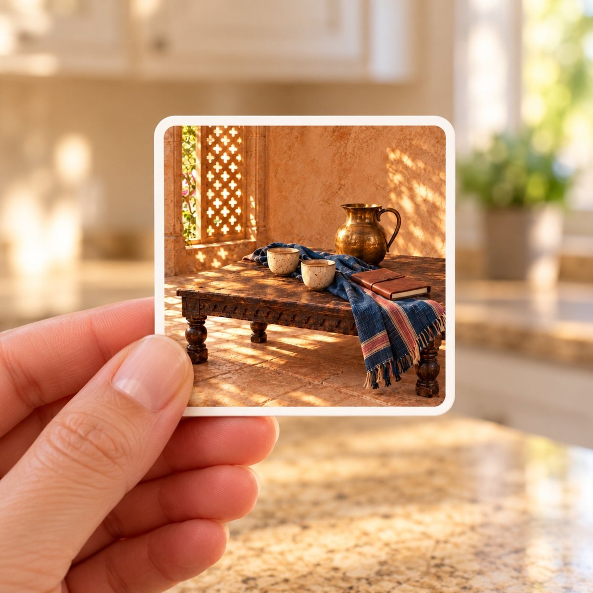 A hand holds a decorative Two Cups Before Leaving Magnet | Sand & Saffron featuring a still life of two cups, a pitcher, and a notebook on a wooden table.