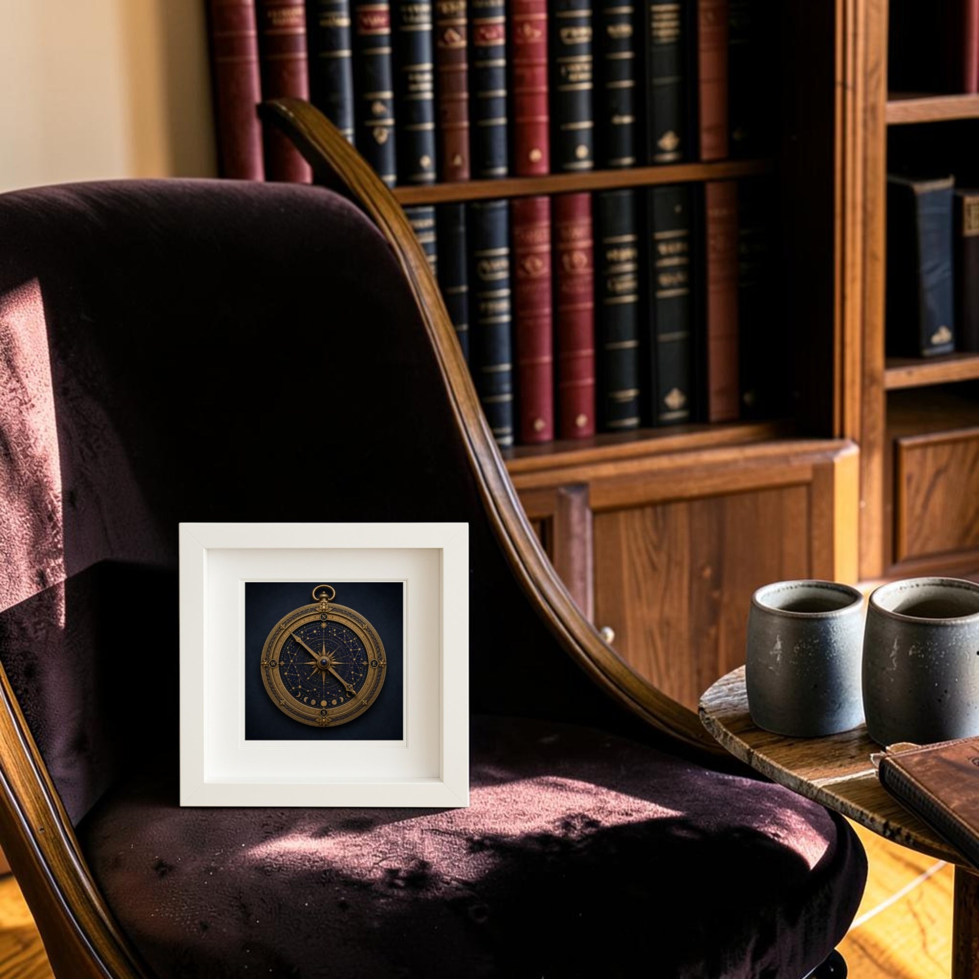 The Under the Same Stars Celestial Compass Shadowbox by Mirabilia Boutique features a gold celestial compass set against a dark background within a white frame, displayed on a purple velvet armchair next to a wooden bookshelf and two gray ceramic mugs.