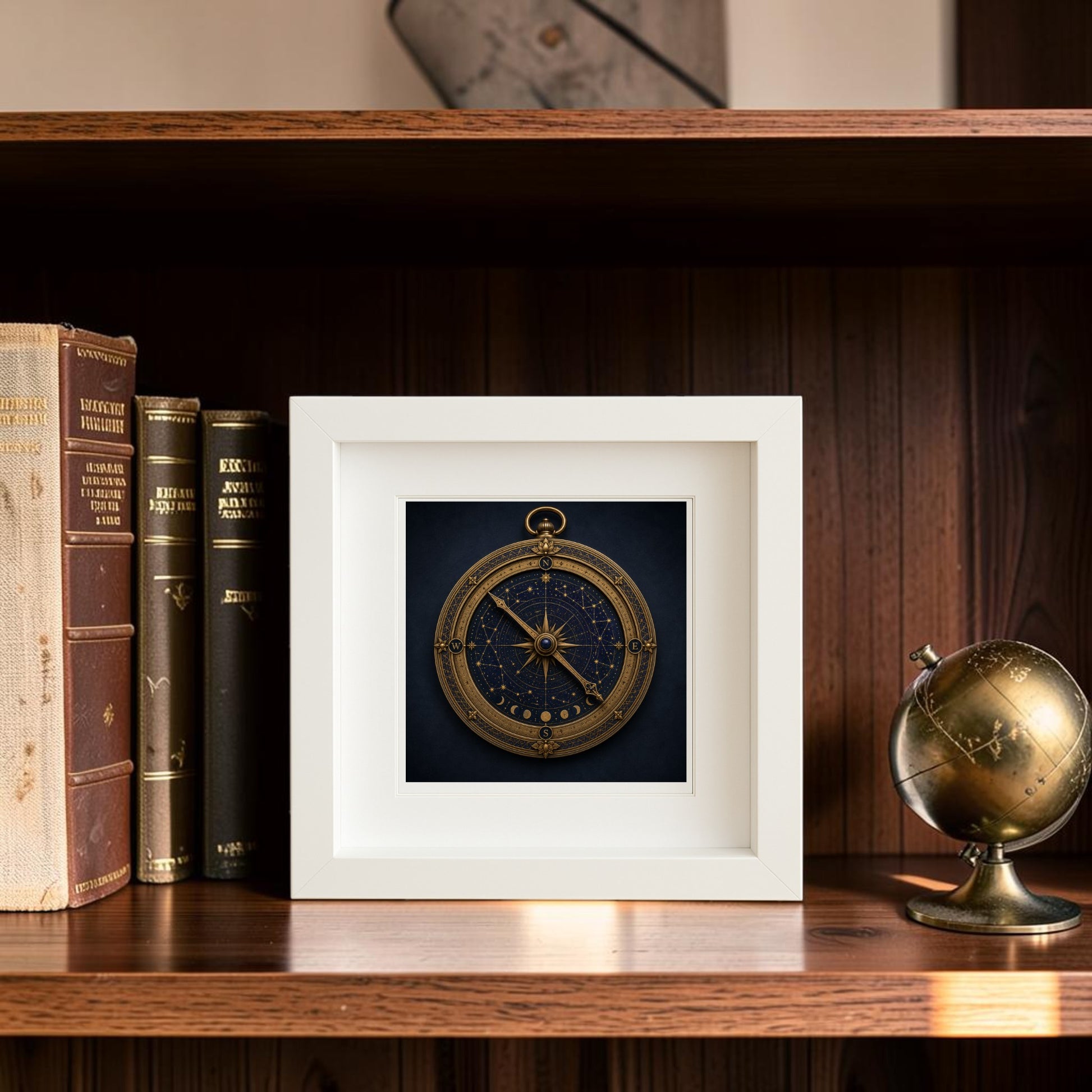 The Under the Same Stars Celestial Compass Shadowbox by Mirabilia Boutique is displayed on a wooden shelf beside vintage books and a small brass globe, evoking a classic, scholarly ambiance inspired by decorative celestial art.