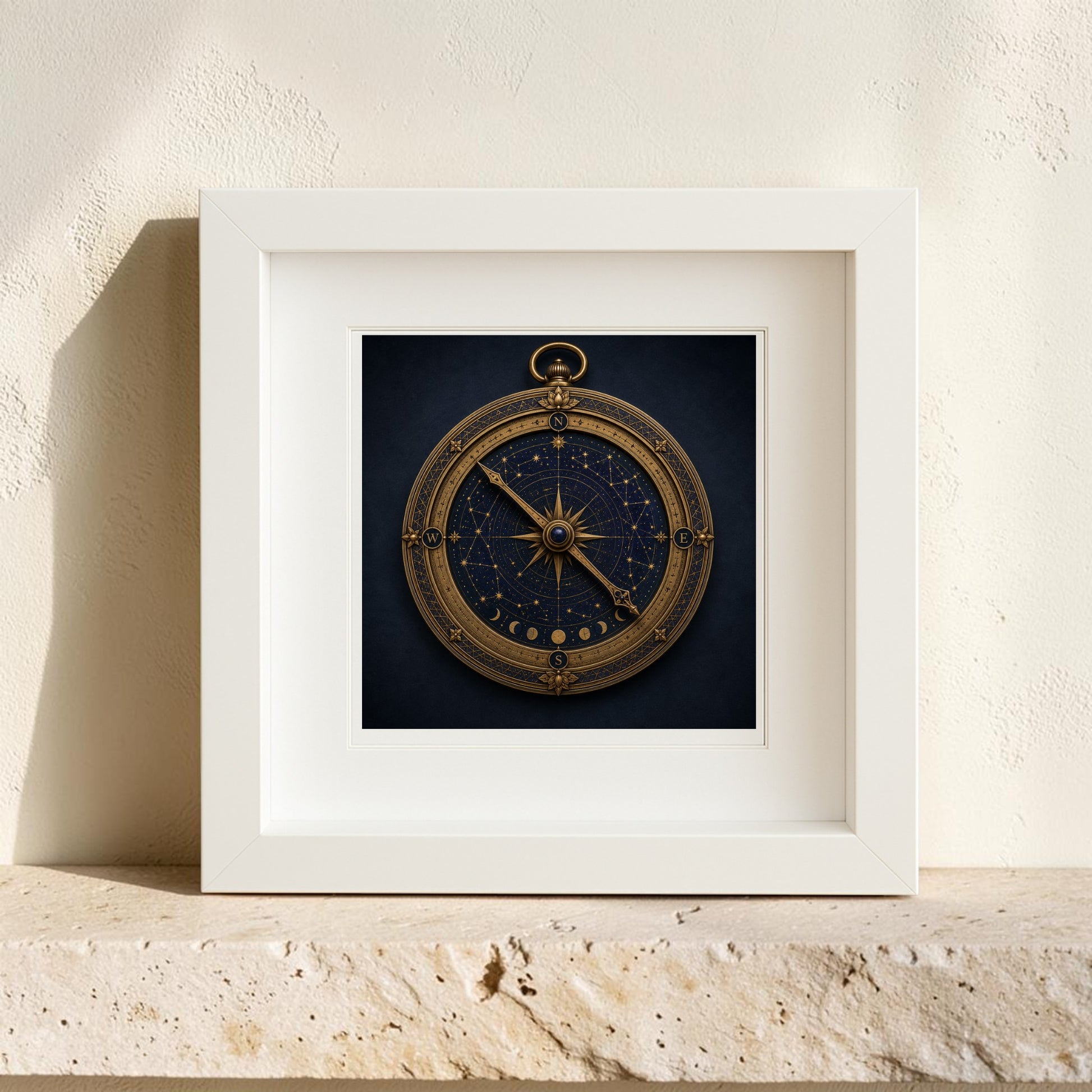 A framed print of an ornate brass astrolabe, presented as decorative celestial art, with a starry blue background sits on a beige stone shelf against a textured off-white wall.