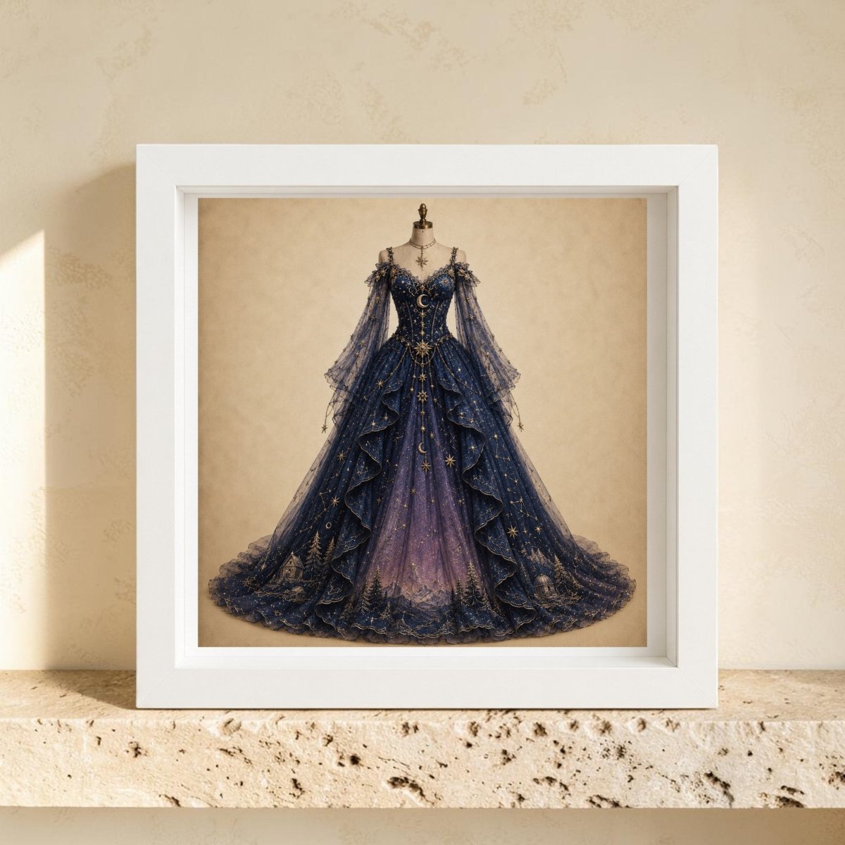Under The Turning Stars | Curated Couture Artwork by Mirabilia Boutique features an ornate dark blue ball gown with gold details, beautifully framed and displayed on a dress form atop a stone shelf against a beige wall—an exquisite piece that brings refined elegance to any space.