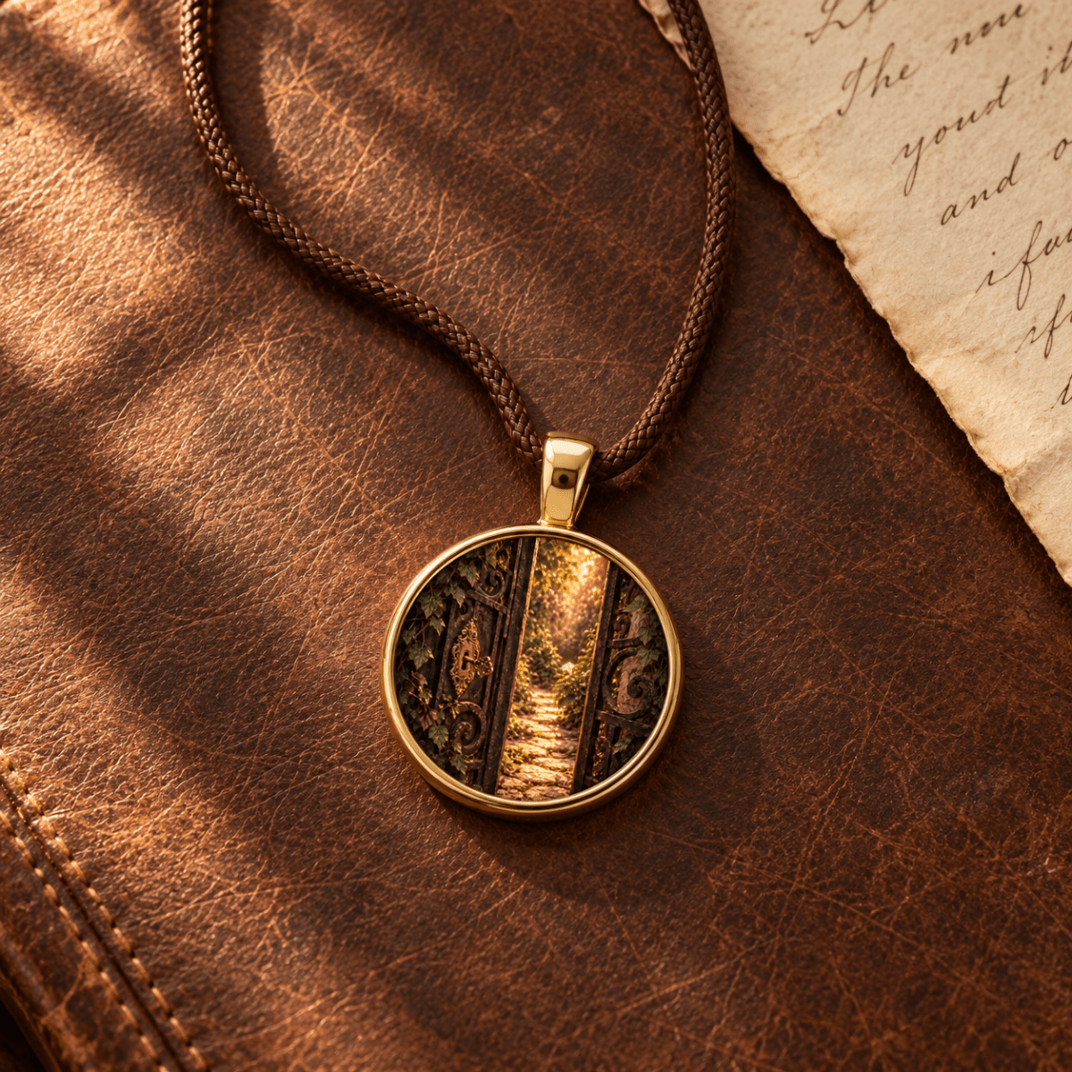 A gold “The Gate Unlocked | Story Pendant” by Mirabilia Boutique, featuring a nature path design inspired by the garden gate necklace, rests on a brown cord atop a leather surface beside an old handwritten letter.