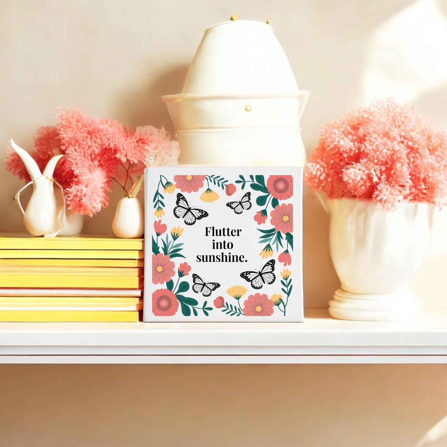 The Flutter into Sunshine Canvas – Butterflies & Floral Joy by Mirabilia Boutique features vibrant butterflies, flowers, and the phrase "Flutter into sunshine"—an ideal inspirational or butterfly wall art piece for any room.