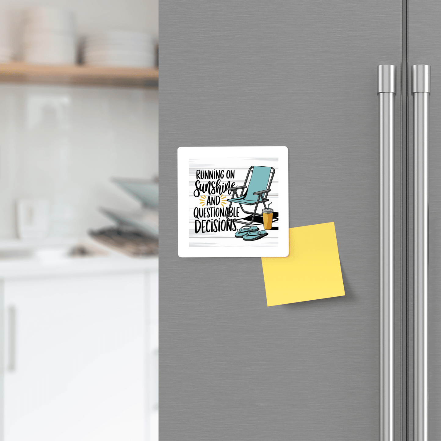 A refrigerator features the Mirabilia Boutique "Running on Sunshine Magnet – Funny Summer Fridge Decor," a light blue beach-themed magnet with a chair and flip-flops, next to a blank yellow sticky note.