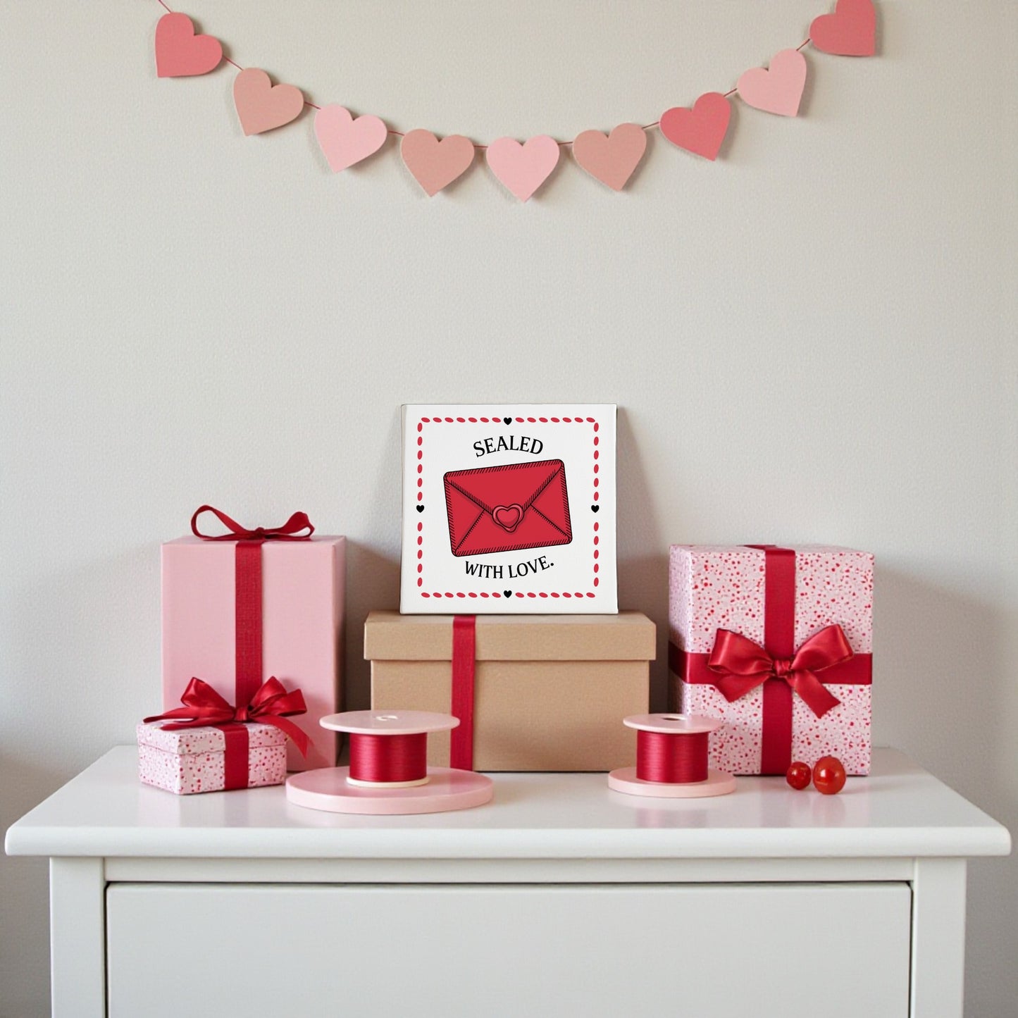A white table features pink and brown gift boxes with red ribbons, a "Sealed With Love Valentine Canvas Art" by Mirabilia Boutique, pink ribbon spools, red beads, vintage-style wall art, and a pink heart garland for Valentine’s Day decor.