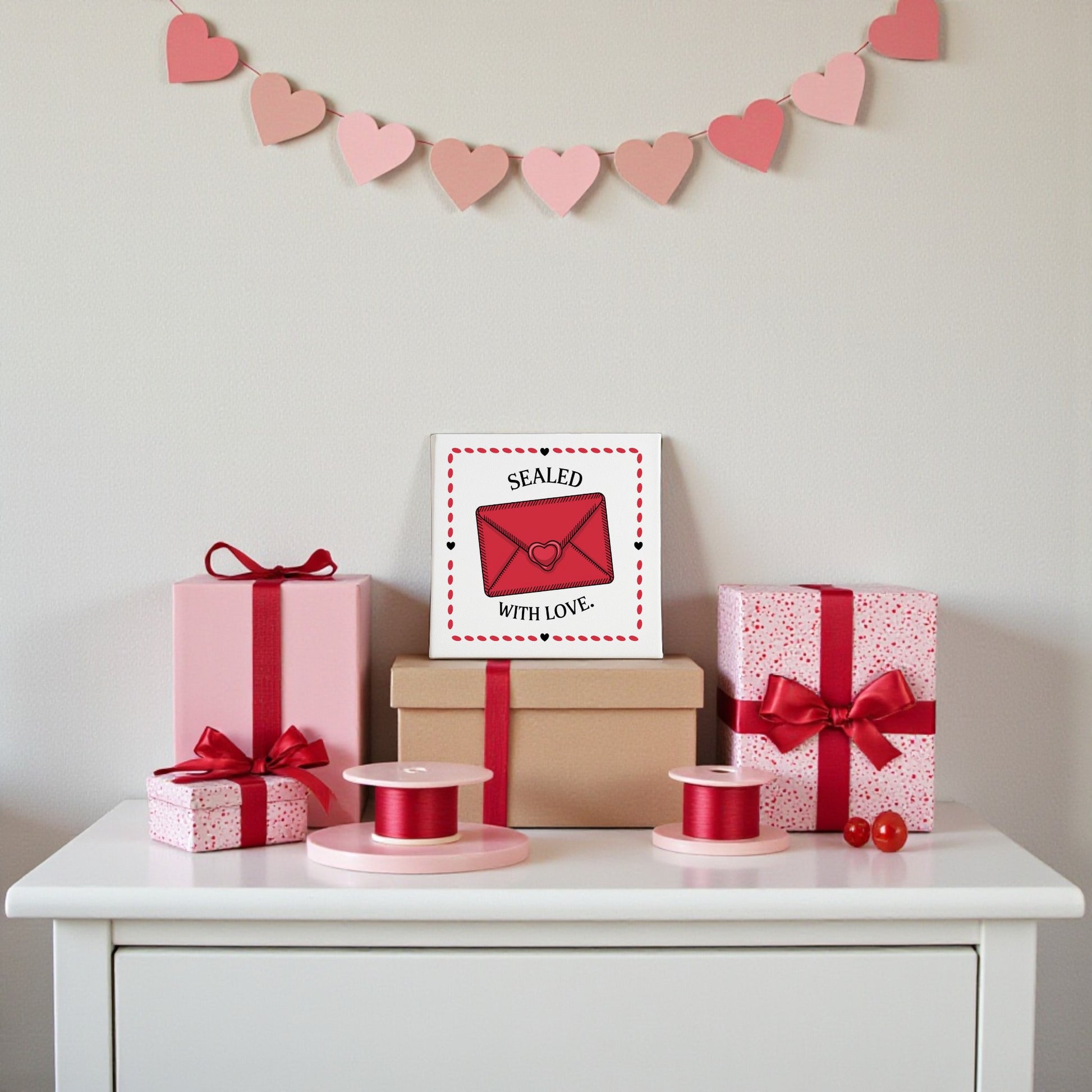 A white table features pink and brown gift boxes with red ribbons, a "Sealed With Love Valentine Canvas Art" by Mirabilia Boutique, pink ribbon spools, red beads, vintage-style wall art, and a pink heart garland for Valentine’s Day decor.