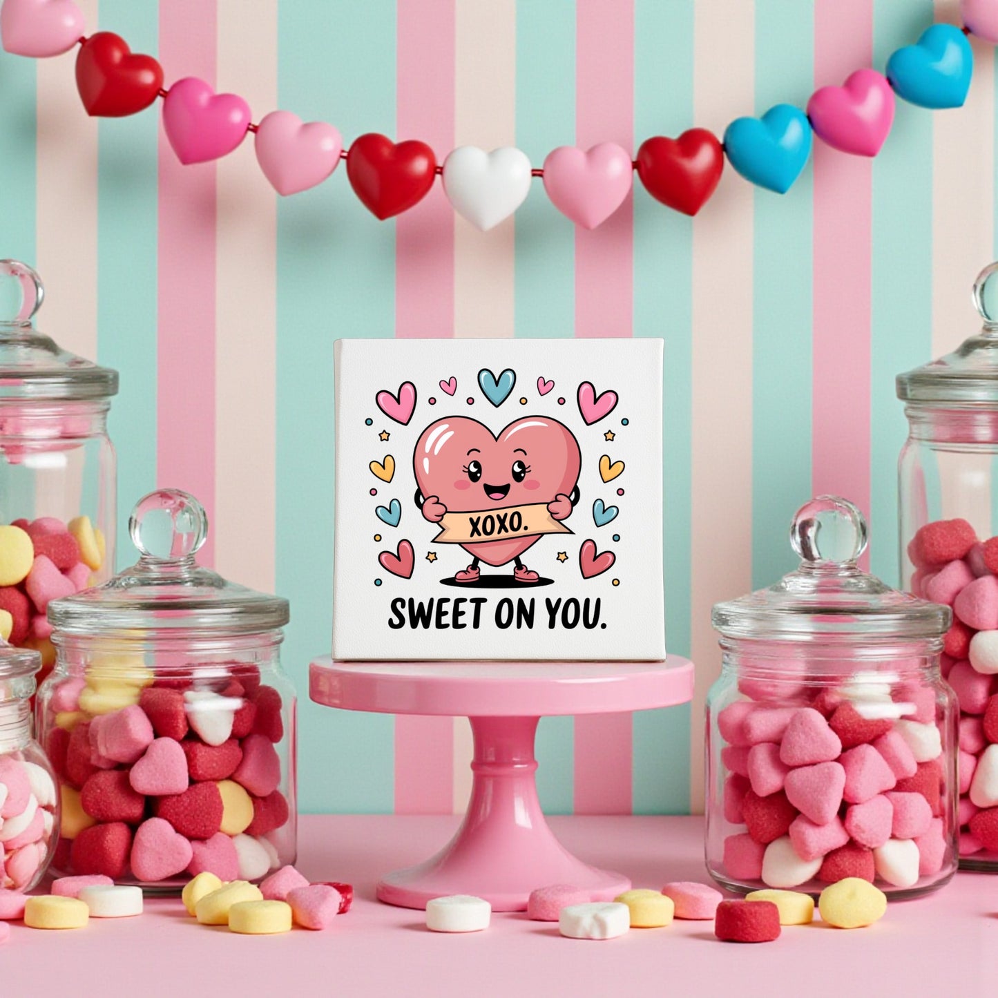 A charming Valentine’s decor with heart candies in jars, a pink cake stand displaying Mirabilia Boutique's Sweet On You XOXO Valentine Canvas, a smiling heart cartoon, and a heart garland—perfect nursery wall art inspiration.