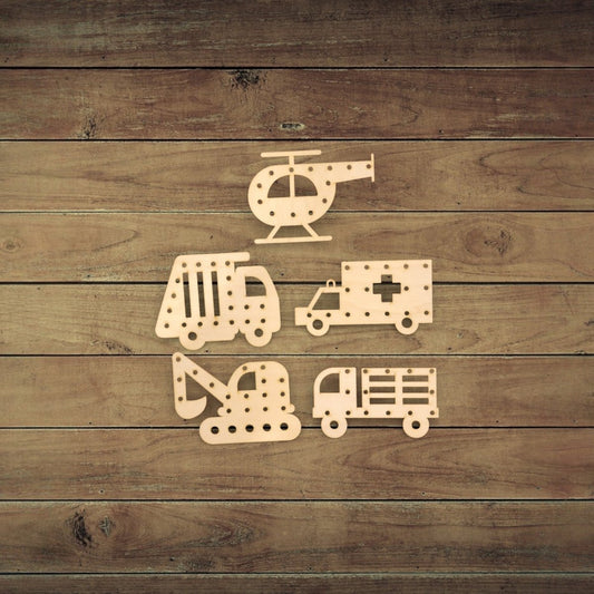 Five wooden cutouts—a helicopter, garbage truck, ambulance, excavator, and fire truck—from Mirabilia Boutique’s Vehicle Lacing Trays for Fine Motor Skills are displayed on a rustic surface, ideal for developing fine motor skills.